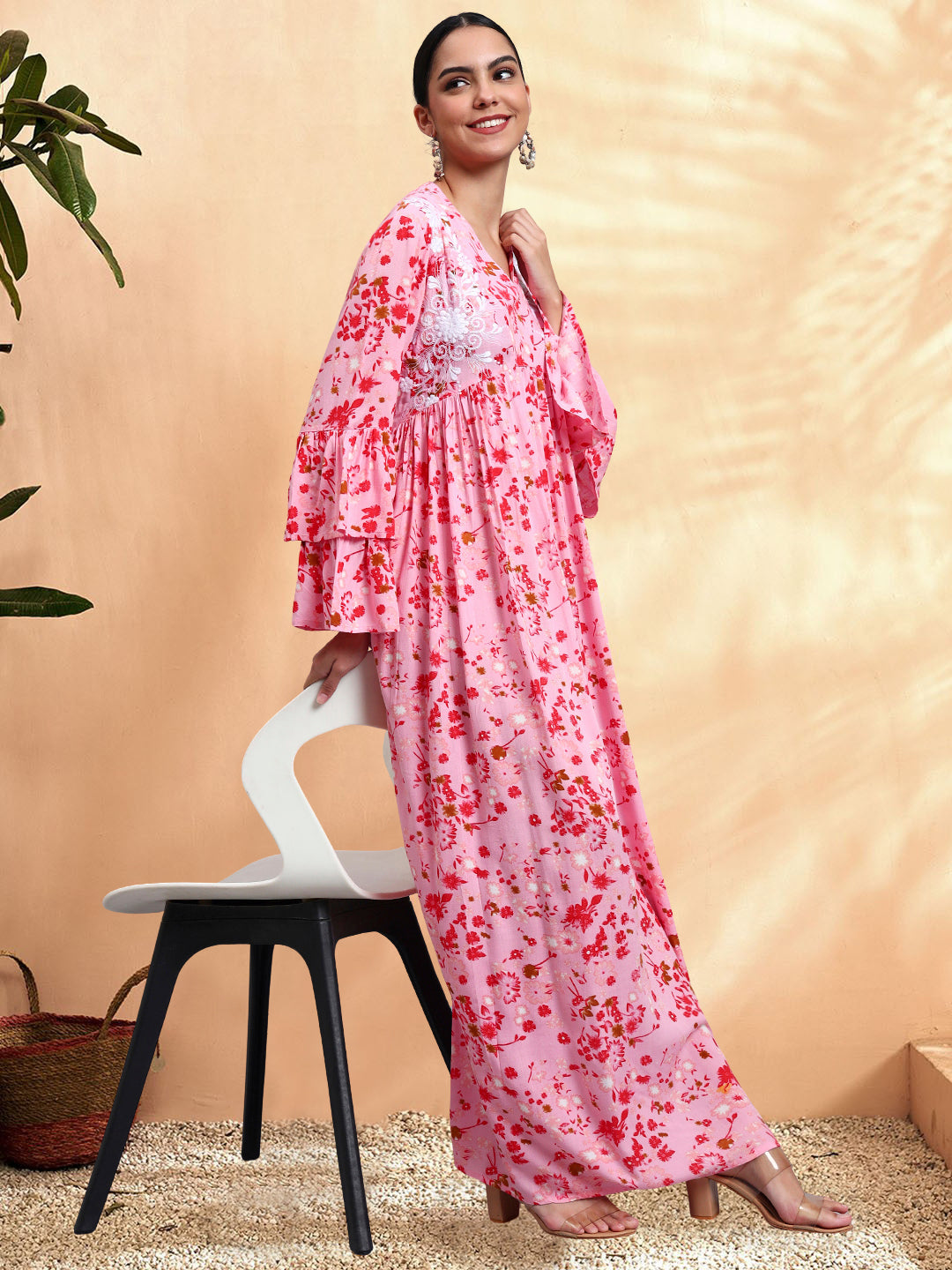 Women Embroided Floral Printed Rayon Jalabiya-AL4098B Pink