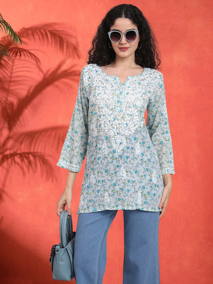 Women Hand Embroidered Chikankari Printed Cotton Kurti-AL4073 Blue