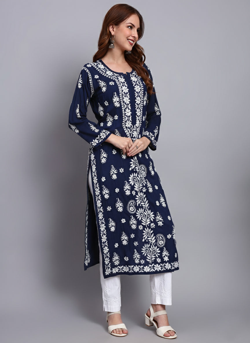 Women Hand Embroidered Chikankari Modal Straight Kurta-AL4042 Navy