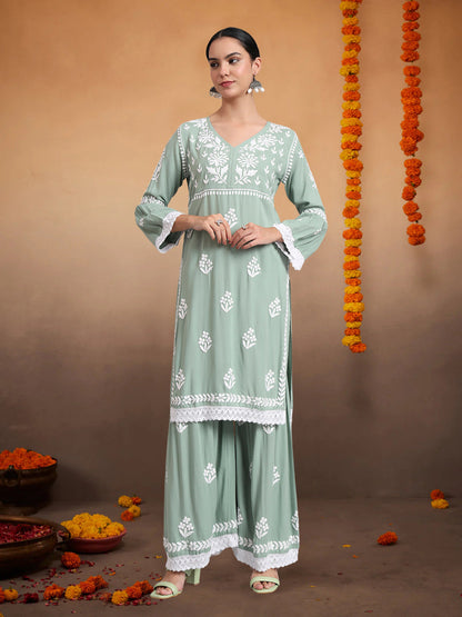 Women Hand Embroidered Lucknowi Chikankari Rayon Kurta Set-AL4077KS Green
