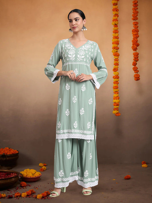 Women Hand Embroidered Lucknowi Chikankari Rayon Kurta Set-AL4077KS Green