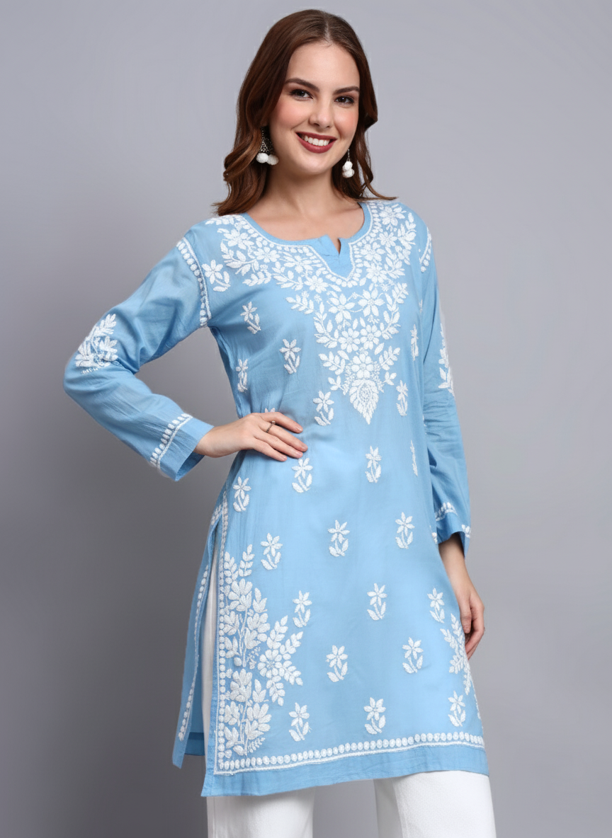 Women Hand Embroidered Chikankari Cotton Kurti -AL3685 Blue