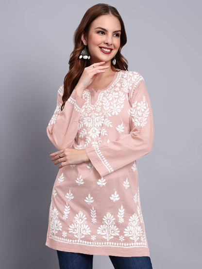 Women Hand Embroidered Chikankari Mulmul Short Top -AL3724 Peach