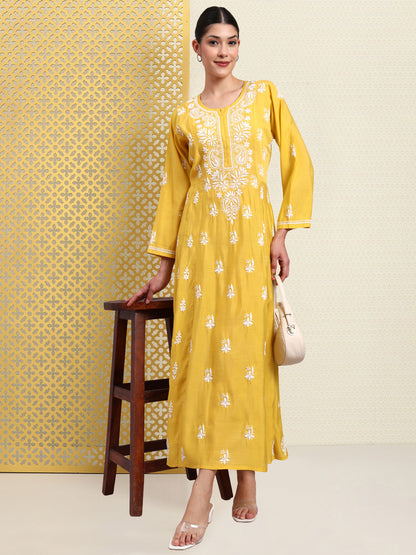 Hand Embroidered Chikankari Chanderi Jalabiya-AL4088 Yellow