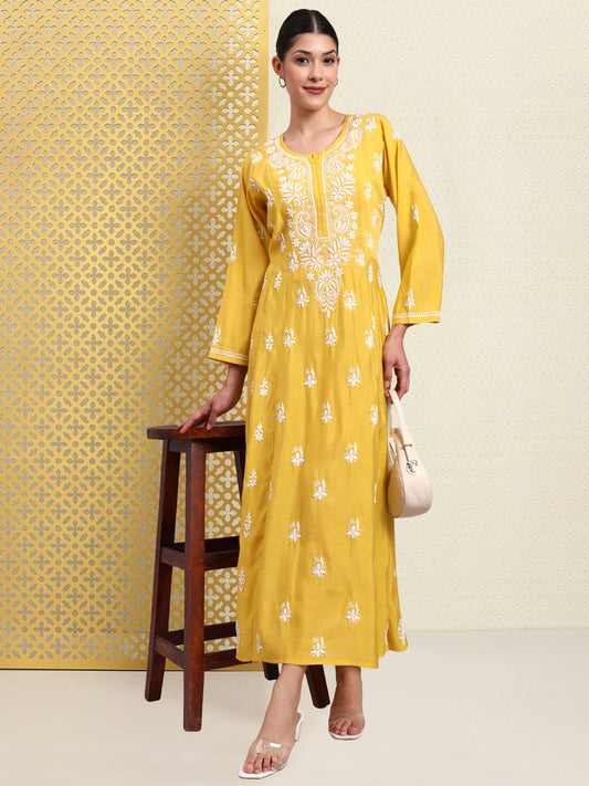 Hand Embroidered Chikankari Chanderi Jalabiya-AL4088 Yellow