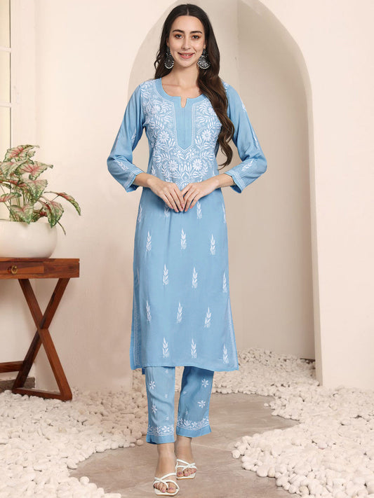 Women Hand Embroidered Chikankari Rayon Kurta set-AL3451KS Denim