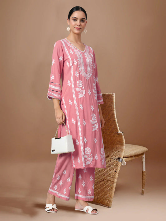 Women Hand Embroidered Lucknowi Chikankari Rayon Kurta Set-AL4078KS Rust