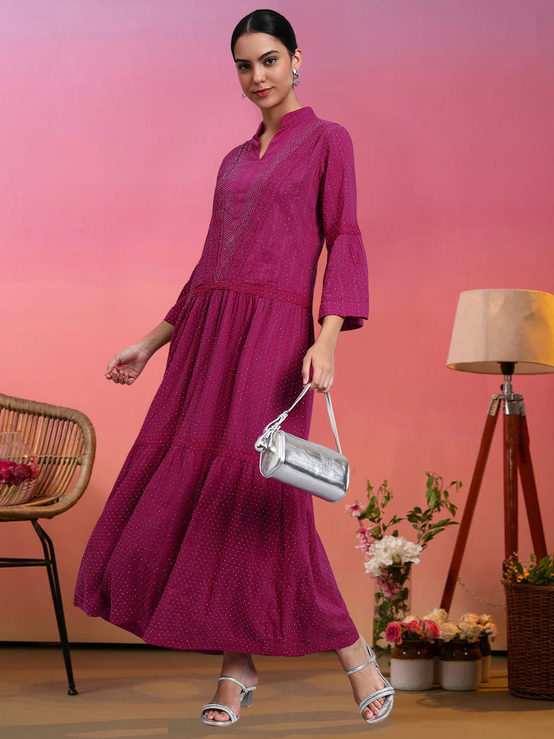 Women's Cotton Jalabiya with Mirror Work-AL4051 Magenta