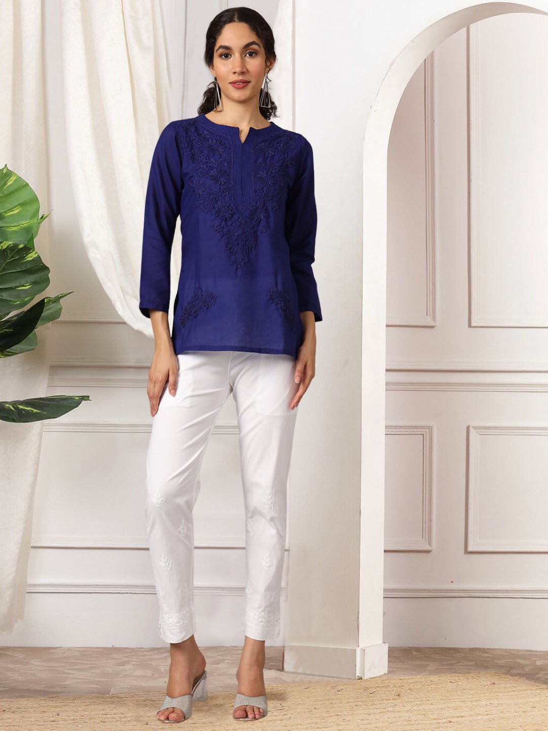 Hand Embroidered Chikankari Cotton Straight Kurti-AL3405 Royalblue