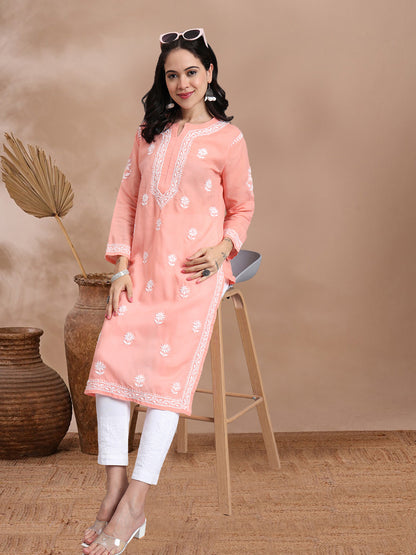 Women Hand Embroidered Chikankari Cotton Kurta-AL3999 Peach