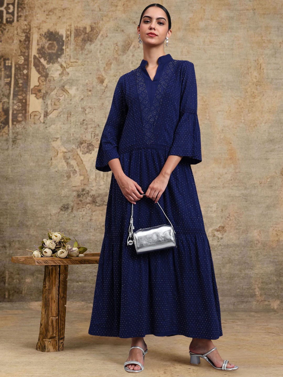 Women's Cotton Jalabiya with Mirror Work-AL4051 Navy