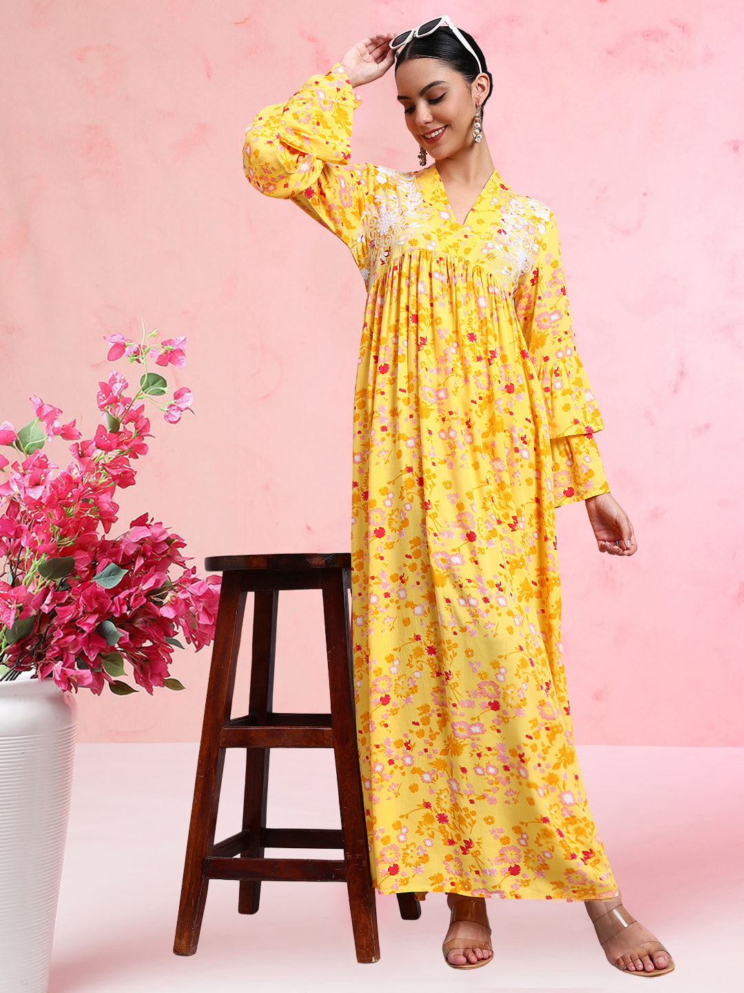 Women Embroided Floral Printed Rayon Jalabiya-AL4098B Yellow
