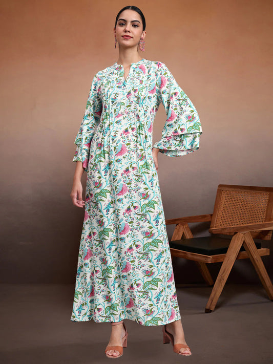 Women Floral Printed Rayon Jalabiya with Flared Sleeves-AL4005A Seagreen