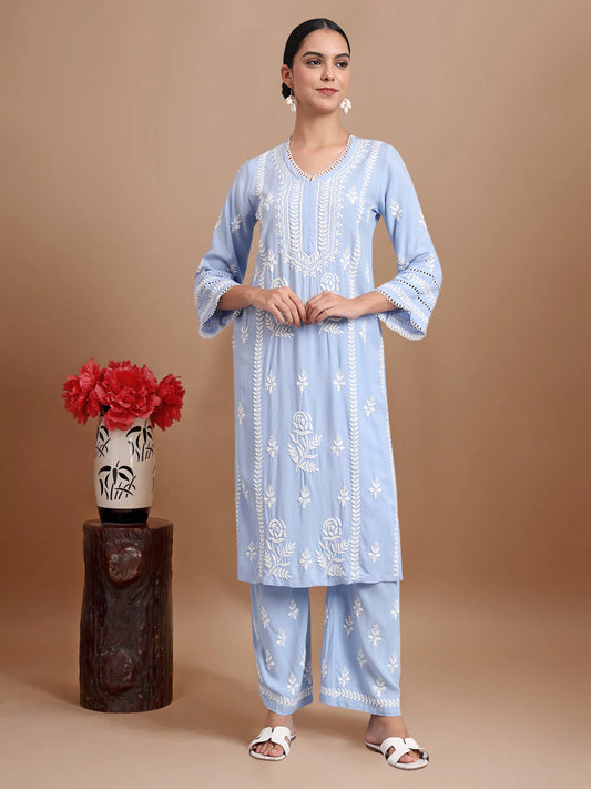 Women Hand Embroidered Lucknowi Chikankari Rayon Kurta Set-AL4078KS Denim