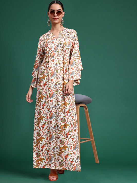 Women Floral Printed Rayon Jalabiya with Flared Sleeves-AL4005A Orange