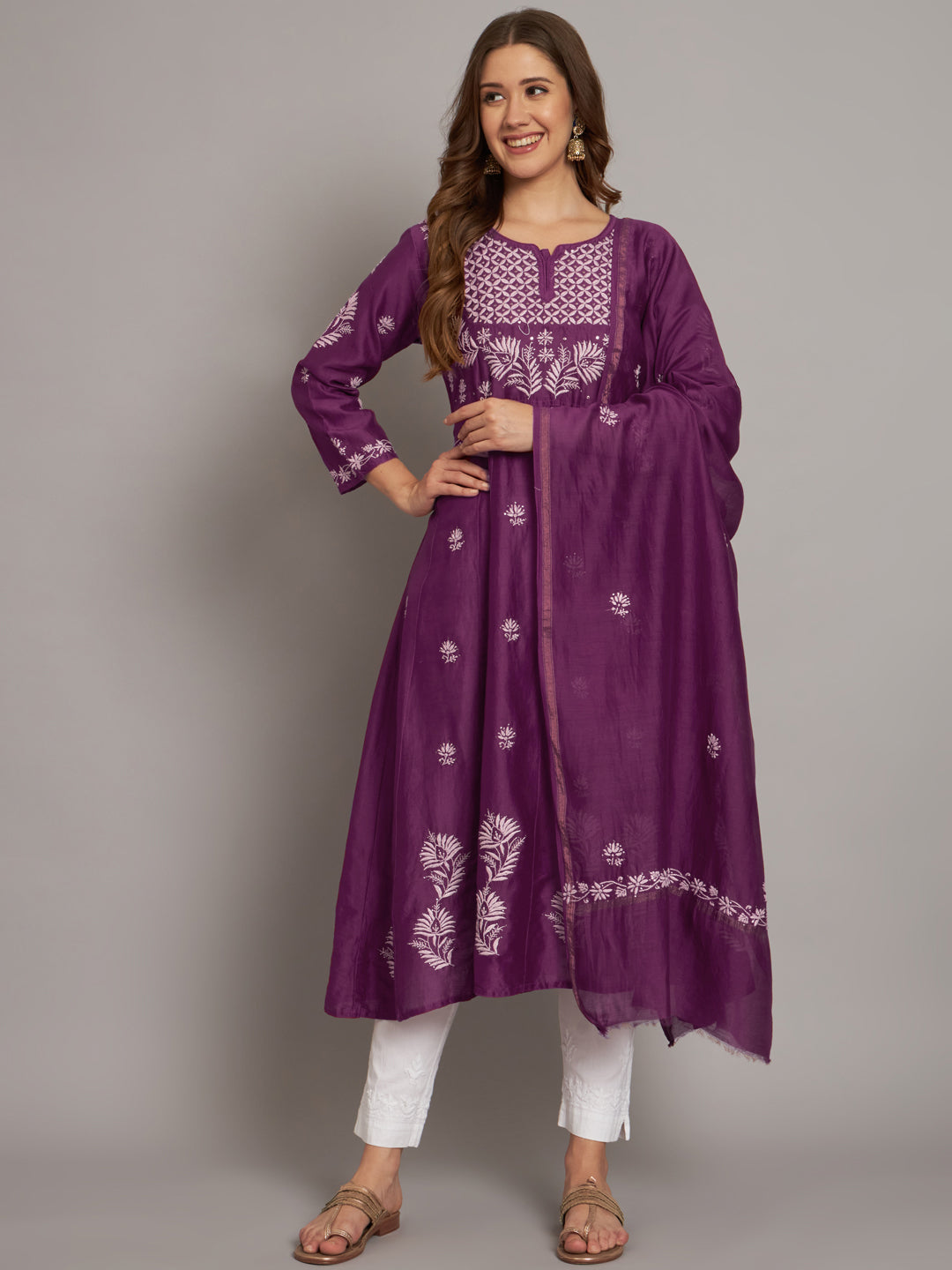 Hand embroidered Chikankari Chanderi Cotton Kurta Set and Dupatta with Mukaish AL3665KS