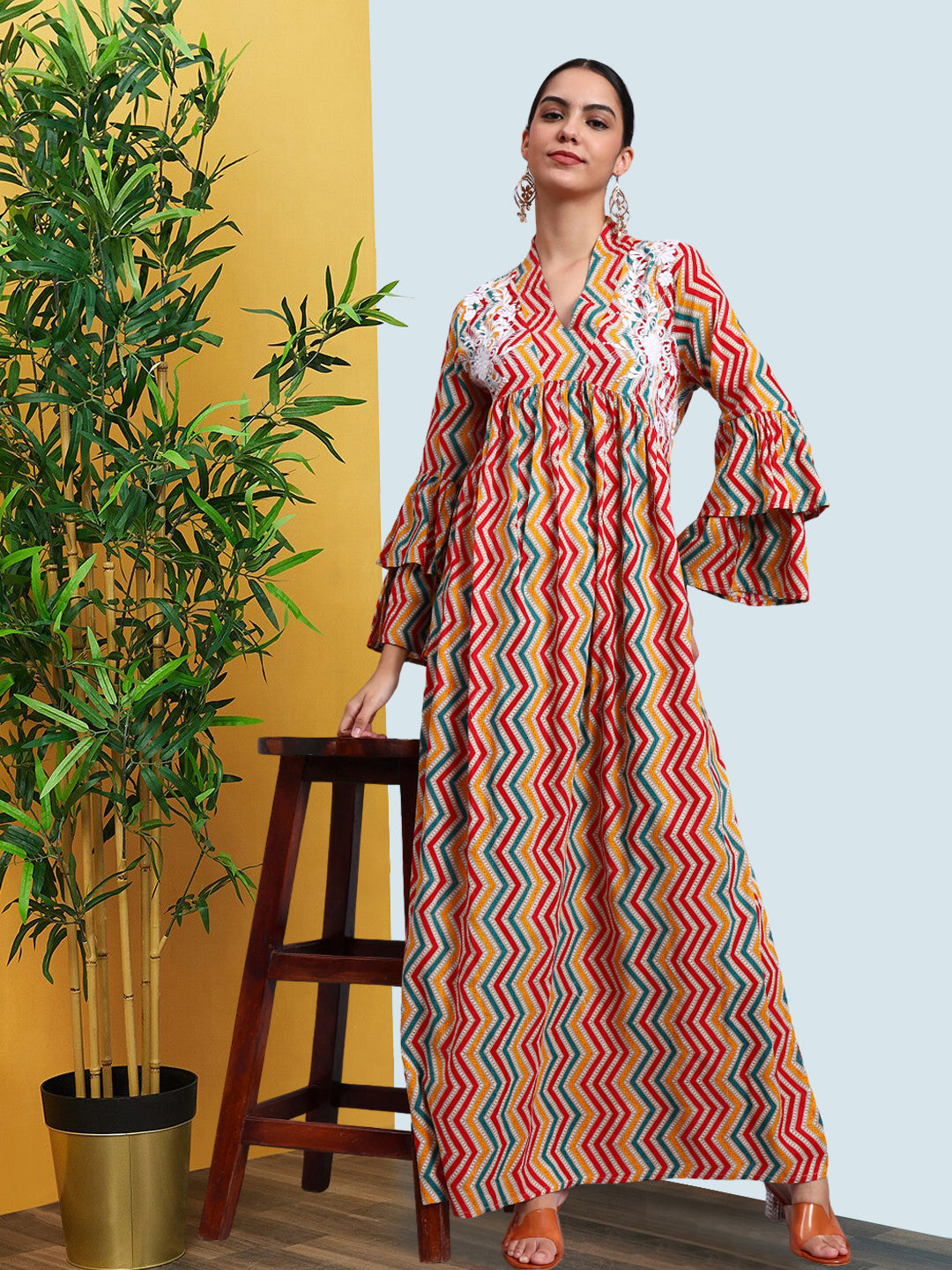 Women Embroided Mul Printed Cotton Jalabiya-AL4098A Red