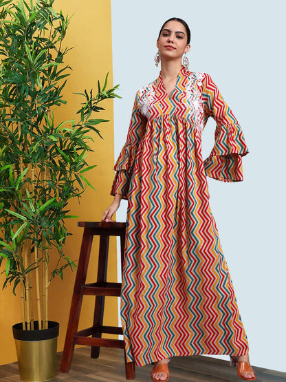 Women Embroided Mul Printed Cotton Jalabiya-AL4098A Red