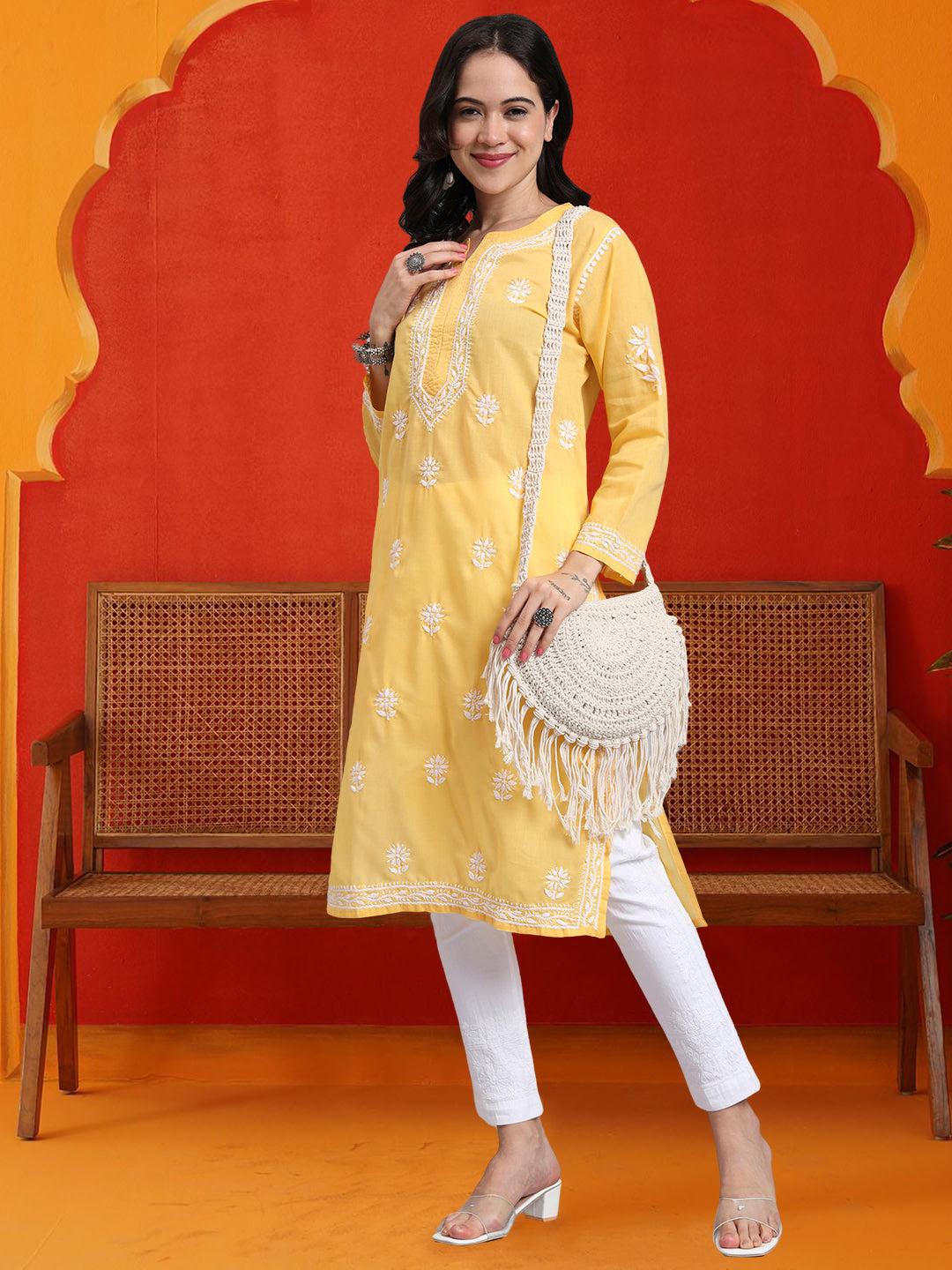 Women Hand Embroidered Chikankari Cotton Kurta-AL3999 Yellow