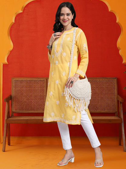 Women Hand Embroidered Chikankari Cotton Kurta-AL3999 Yellow