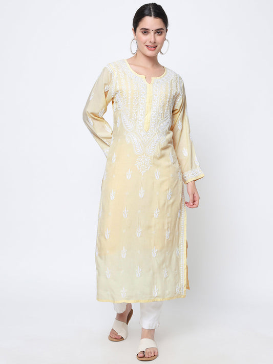 Women Hand Embroidered Chikankari Cotton Kurta-AL3584 Yellow