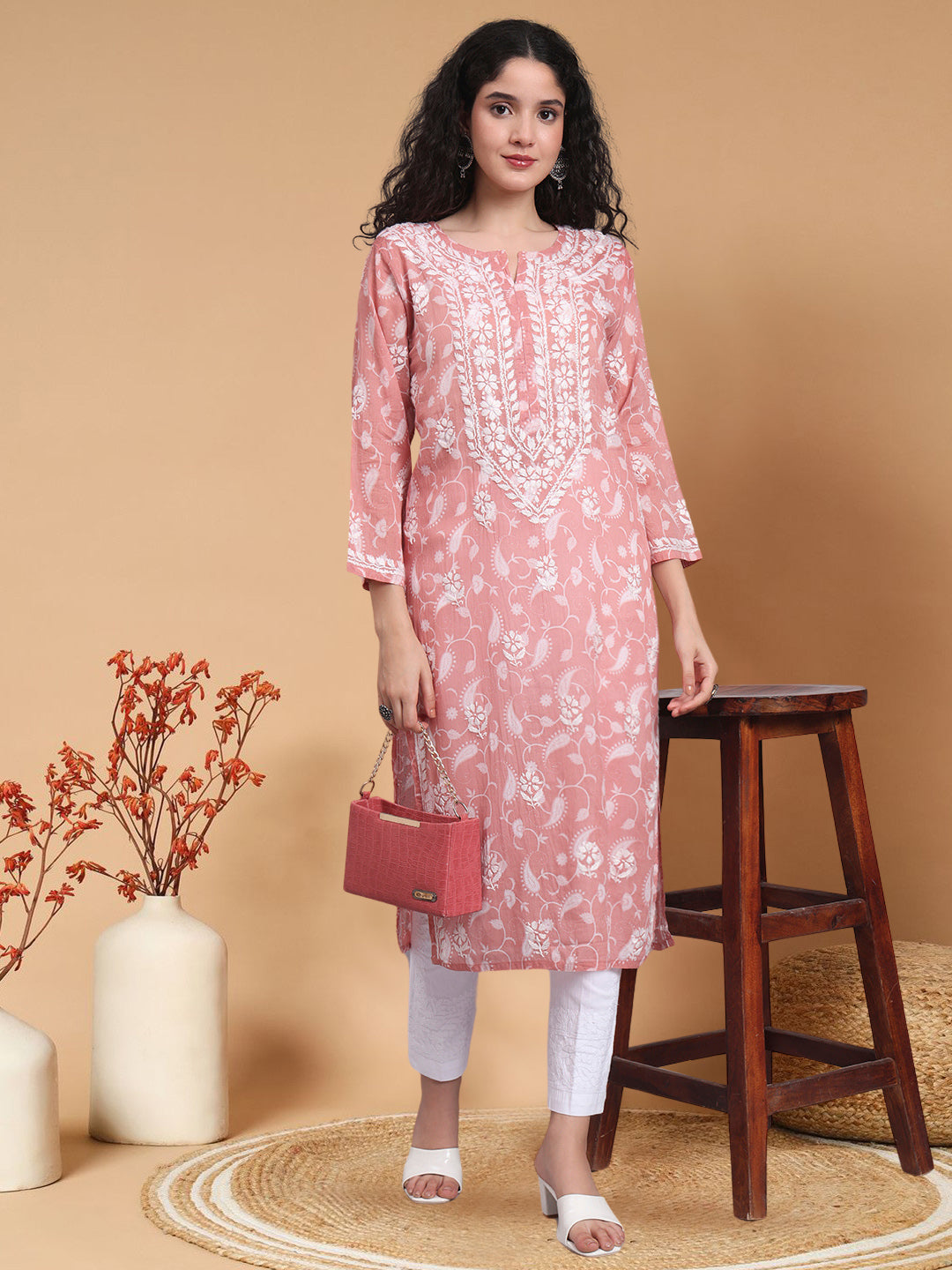 Women Hand Embroidered Chikankari Mul Printed Cotton Kurta-AL4072 Onion Pink