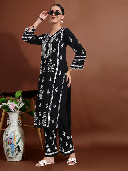 Women Hand Embroidered Lucknowi Chikankari Rayon Kurta Set-AL4078KS Black