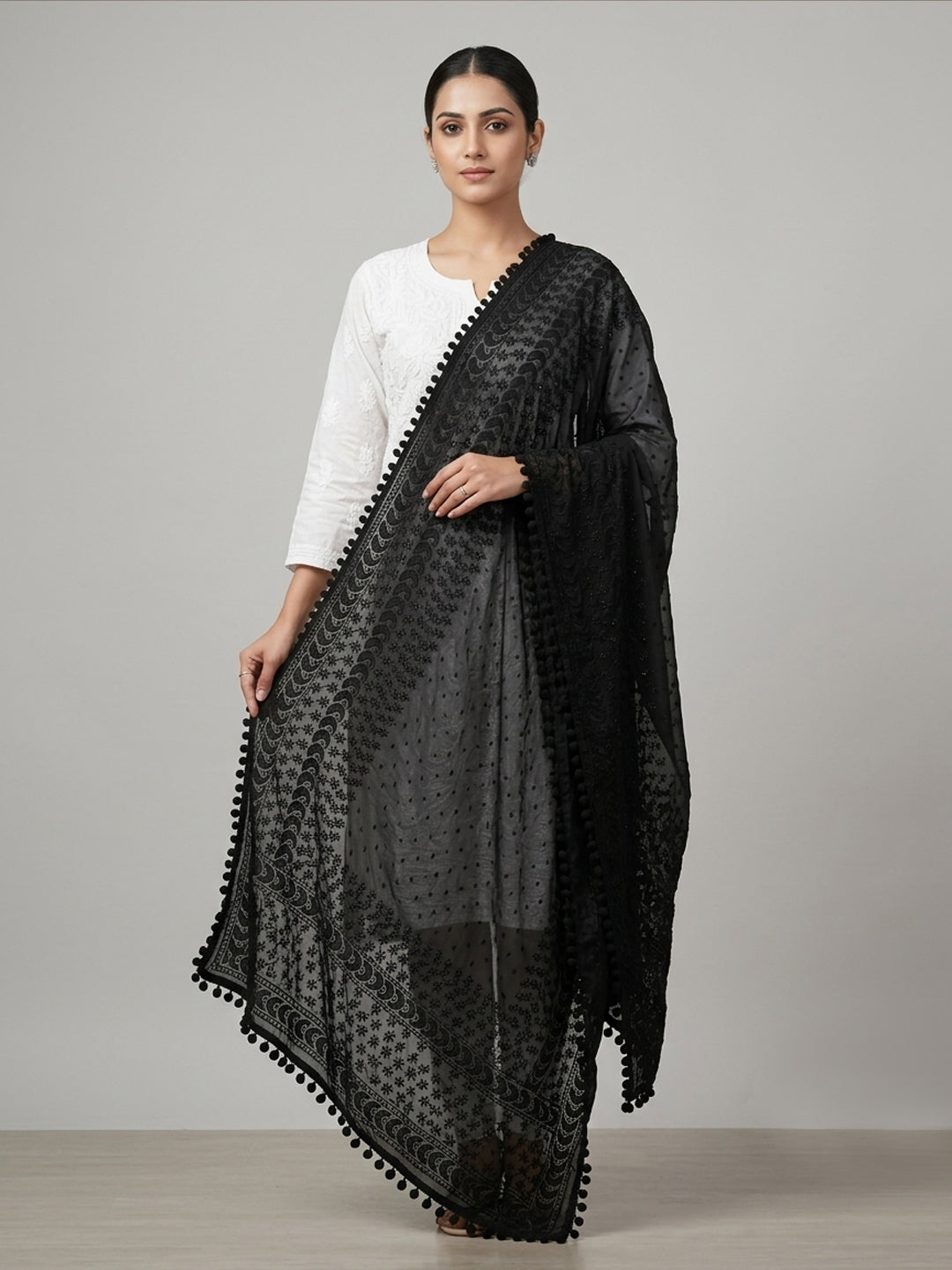 Women Embroidered Georgette Dupatta-AL3721NEW Black