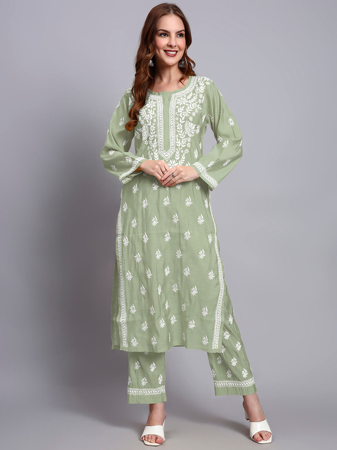 Women Hand Embroidered Chikankari Chanderi Kurta Set-AL4089KS Green