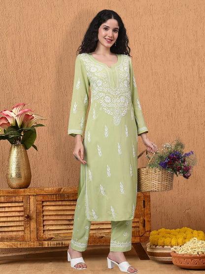 Women Hand Embroidered Chikankari Rayon Kurta set-AL3451KS Green