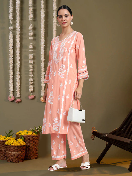 Women Hand Embroidered Lucknowi Chikankari Rayon Kurta Set-AL4078KS Peach