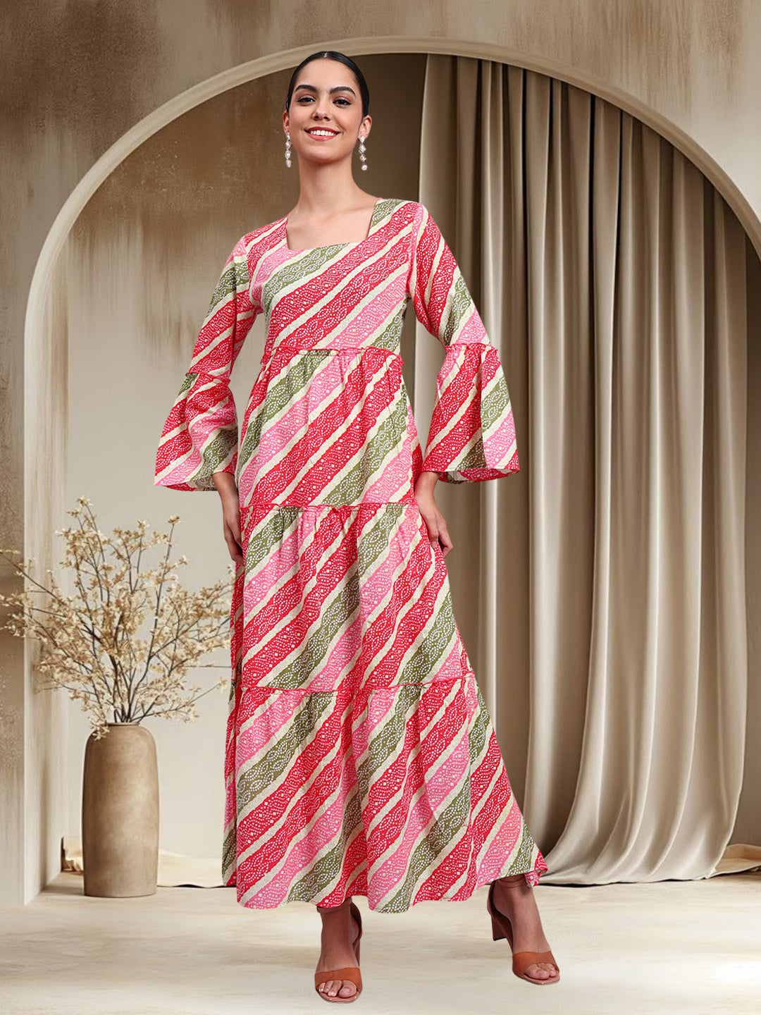 Women Printed Cotton Jalabiya with Bell Sleeves & Square Neckline-AL4050 Coral