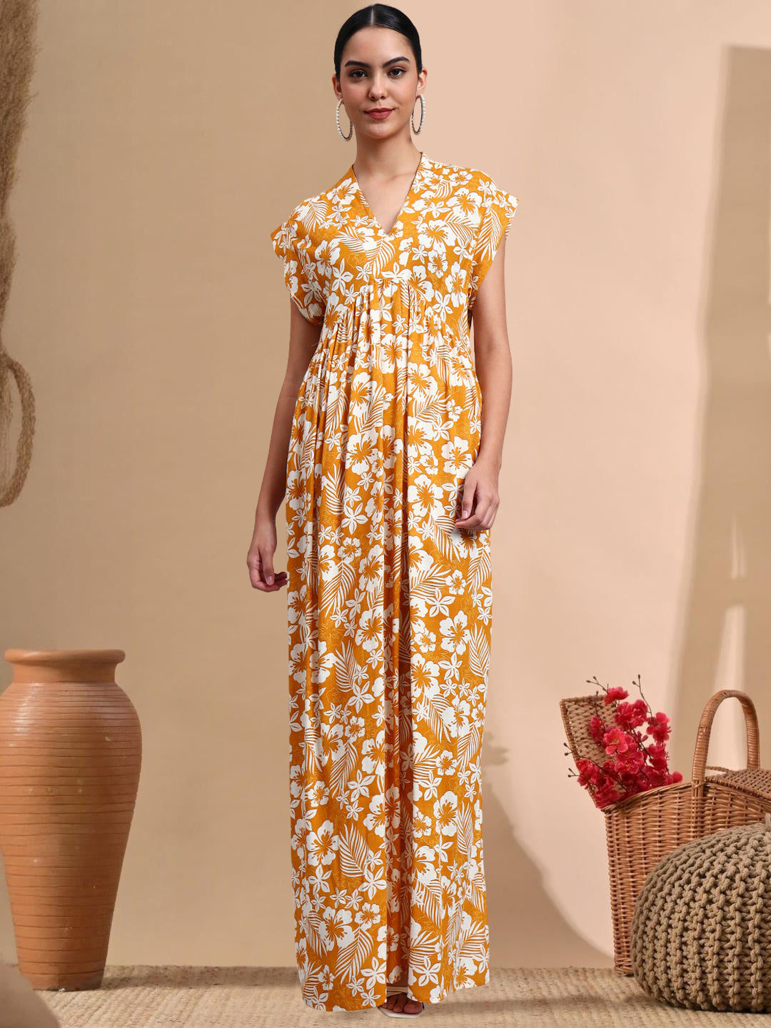 Hand Embroidered Chikankari Cotton Jalabiya-AL3697 Mustard