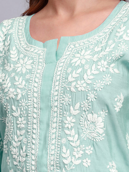 Women Hand Embroidered Chikankari Chanderi Kurta Set-AL4089KS Sea Green