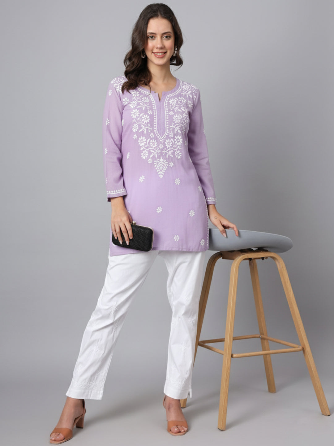 Women Hand Embroidered Modal Chikankari Kurti-AL3611 Lavender
