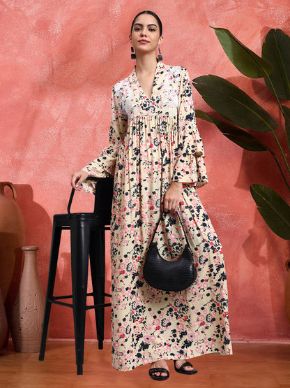 Women Embroided Floral Printed Rayon Jalabiya-AL4098B Biege