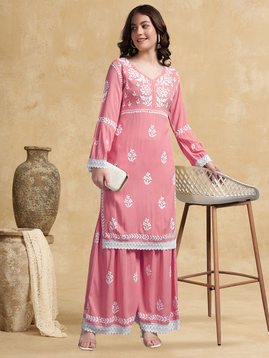 Women Hand Embroidered Lucknowi Chikankari Rayon Kurta Set-AL4077KS Rust