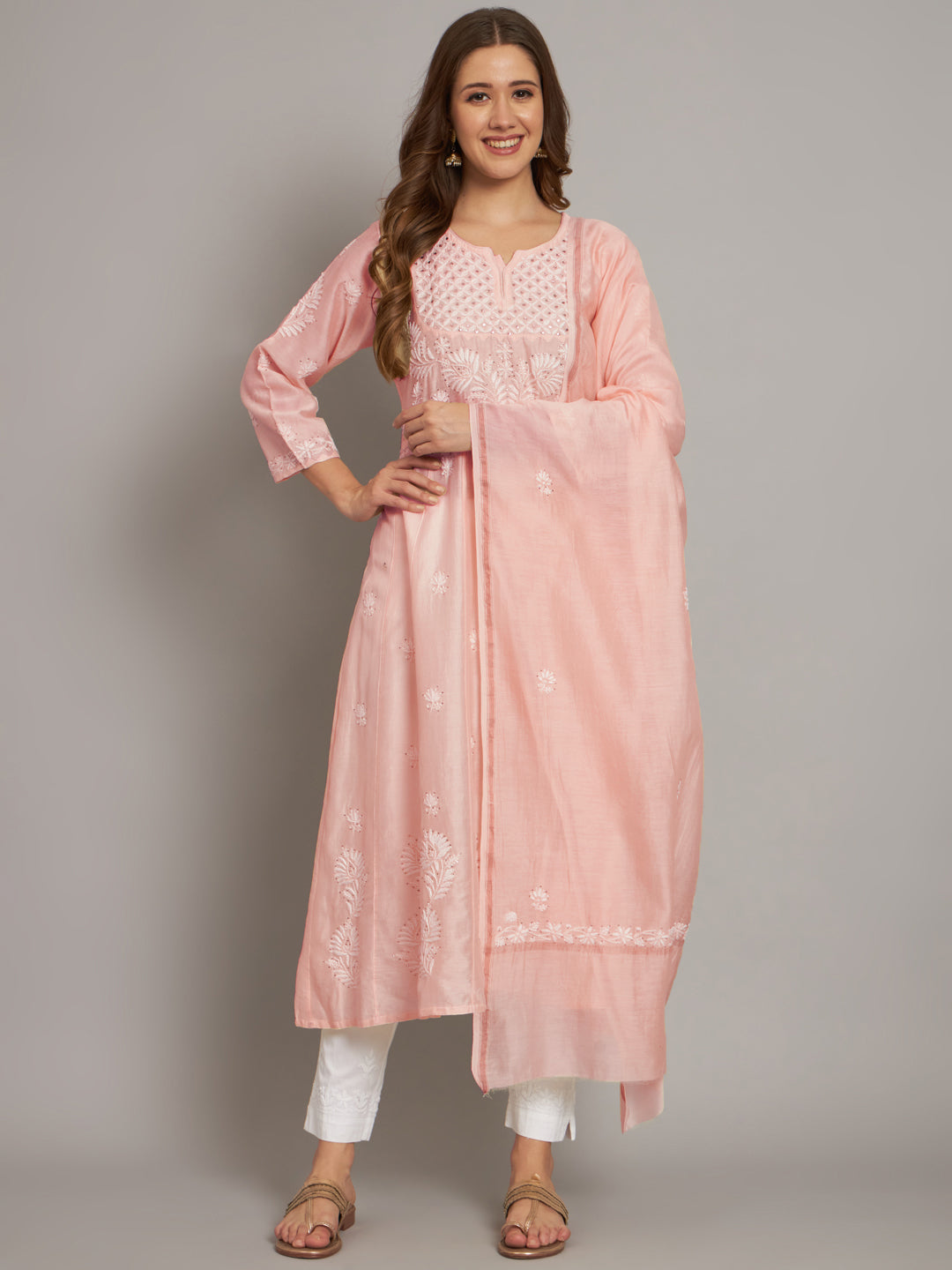 Hand embroidered Chikankari Chanderi Cotton Kurta Set and Dupatta with Mukaish AL3665KS