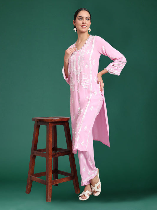 Women Hand Embroidered Lucknowi Chikankari Rayon Kurta Set-AL4078KS Pink