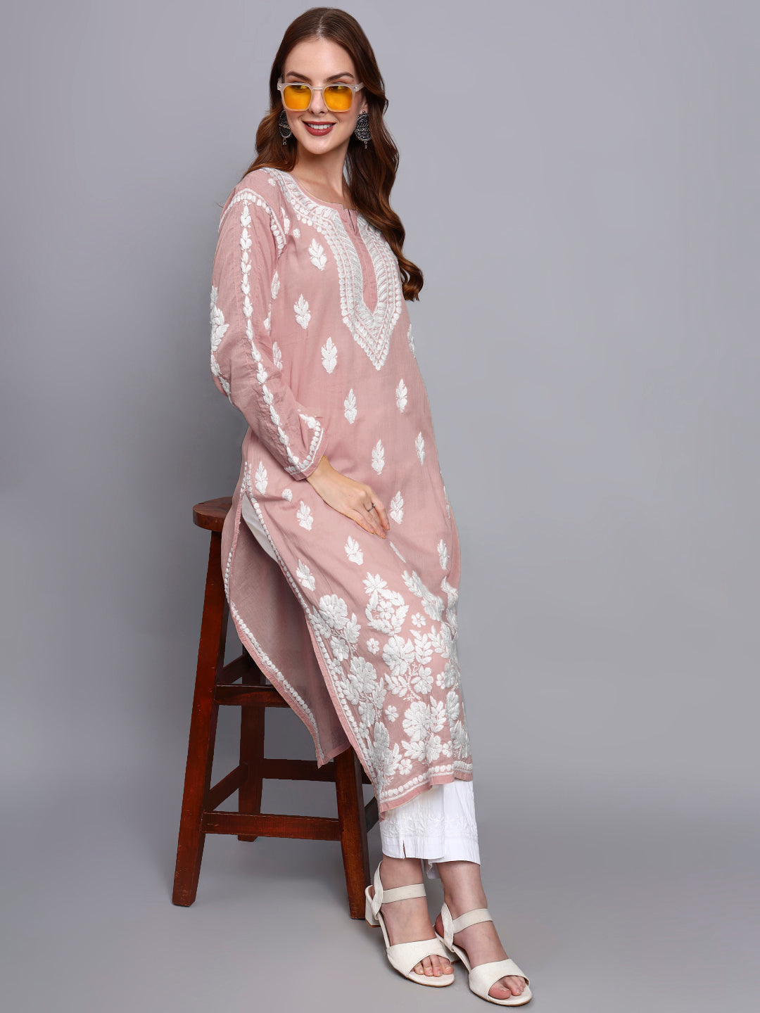 Women Hand Embroidered Chikankari Mulmul Kurti -AL3723 Rust