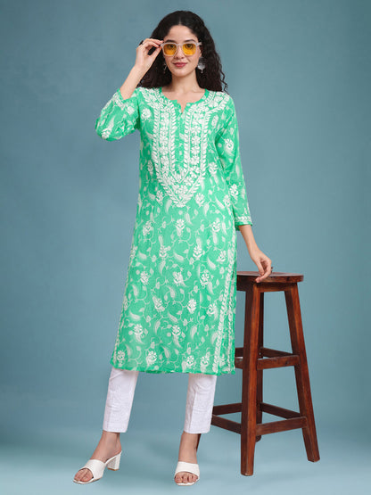 Women Hand Embroidered Chikankari Mul Printed Cotton Kurta-AL4072 Sea Green