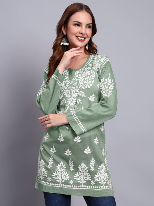 Women Hand Embroidered Chikankari Mulmul Short Top -AL3724 Green