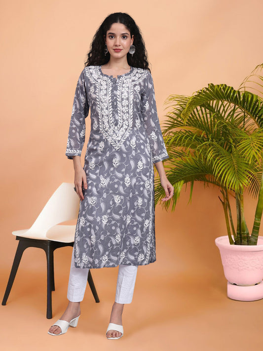 Women Hand Embroidered Chikankari Mul Printed Cotton Kurta-AL4072 Grey