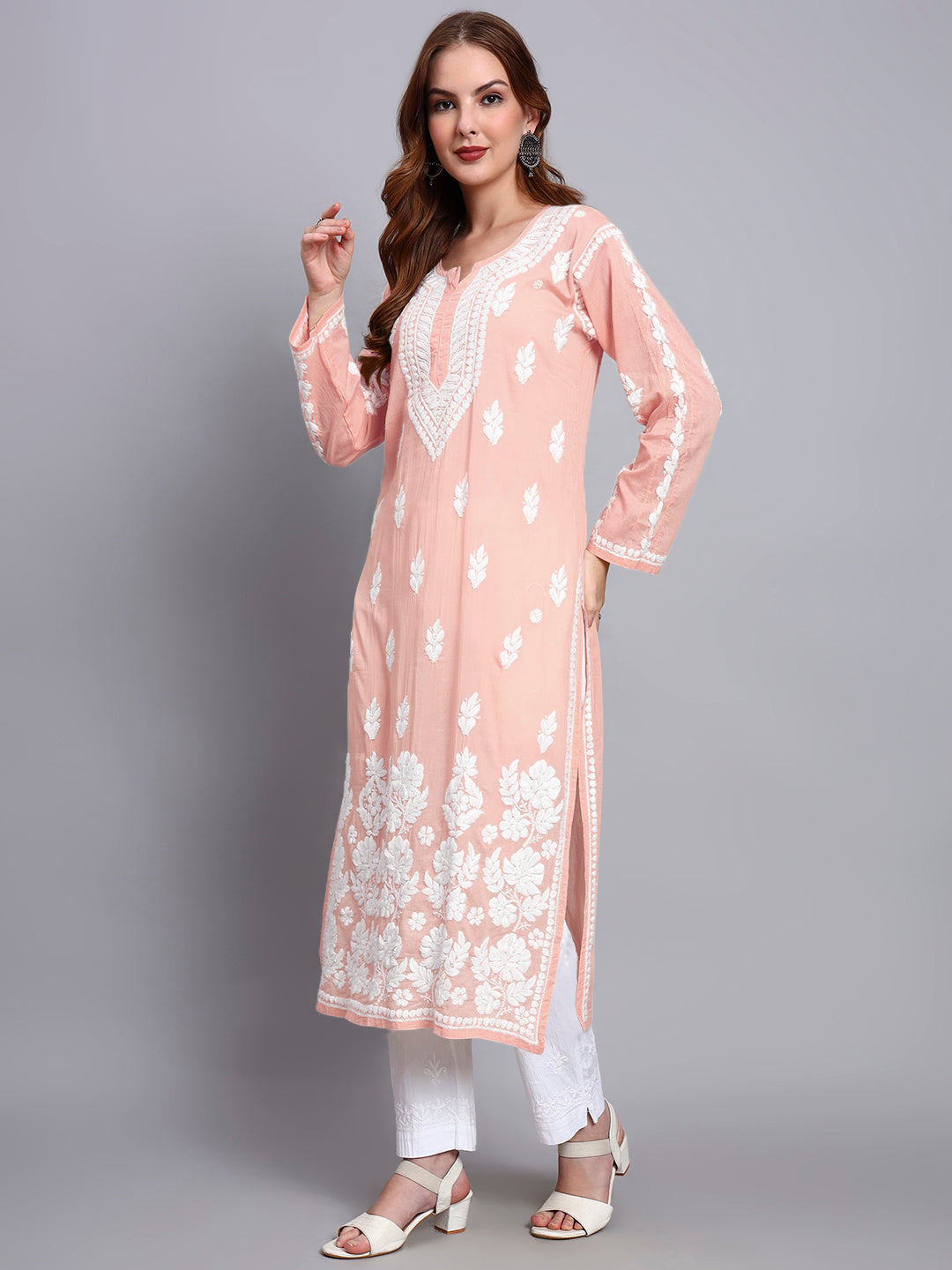 Women Hand Embroidered Chikankari Mulmul Kurti -AL3723 Peach