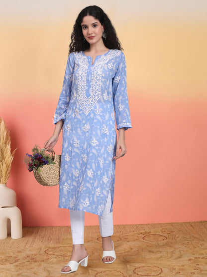 Women Hand Embroidered Chikankari Mul Printed Cotton Kurta-AL4072 Blue