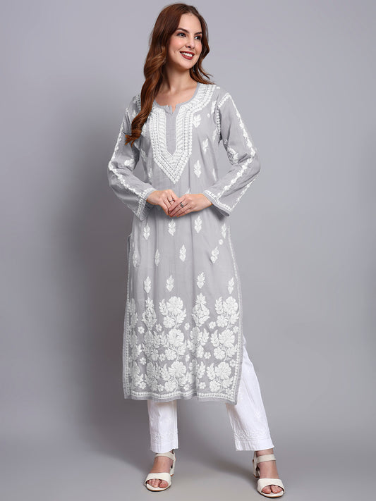 Women Hand Embroidered Chikankari Mulmul Kurti -AL3723 Grey