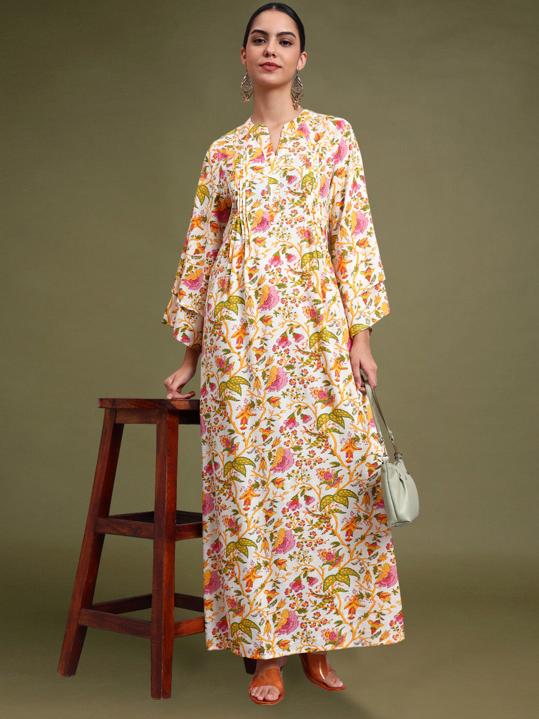 Women Floral Printed Rayon Jalabiya with Flared Sleeves-AL4005A Yellow