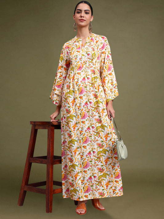 Women Floral Printed Rayon Jalabiya with Flared Sleeves-AL4005A Yellow