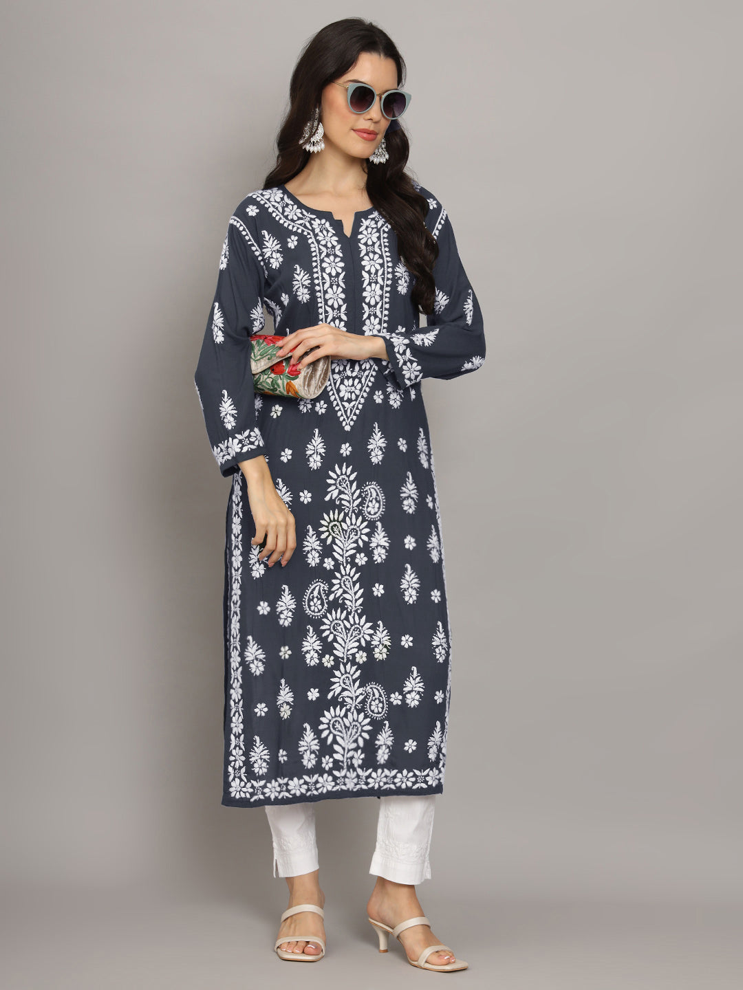Women Hand Embroidered Chikankari Modal Straight Kurta-AL4042 Grey