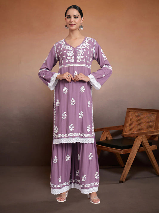 Women Hand Embroidered Lucknowi Chikankari Rayon Kurta Set-AL4077KS Mauve